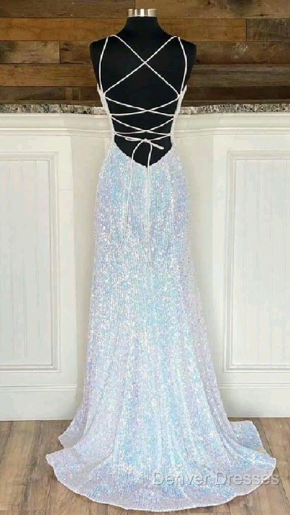Shiny Mermaid Sequins Long White Prom Dress V Neck Sleeveless Formal Dress Secondary image