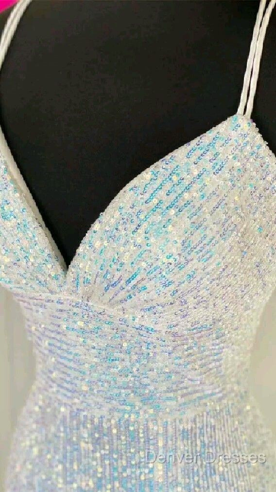 Shiny Mermaid Sequins Long White Prom Dress V Neck Sleeveless Formal Dress