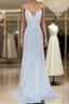 Shiny Mermaid Sequins Long White Prom Dress V Neck Sleeveless Formal Dress