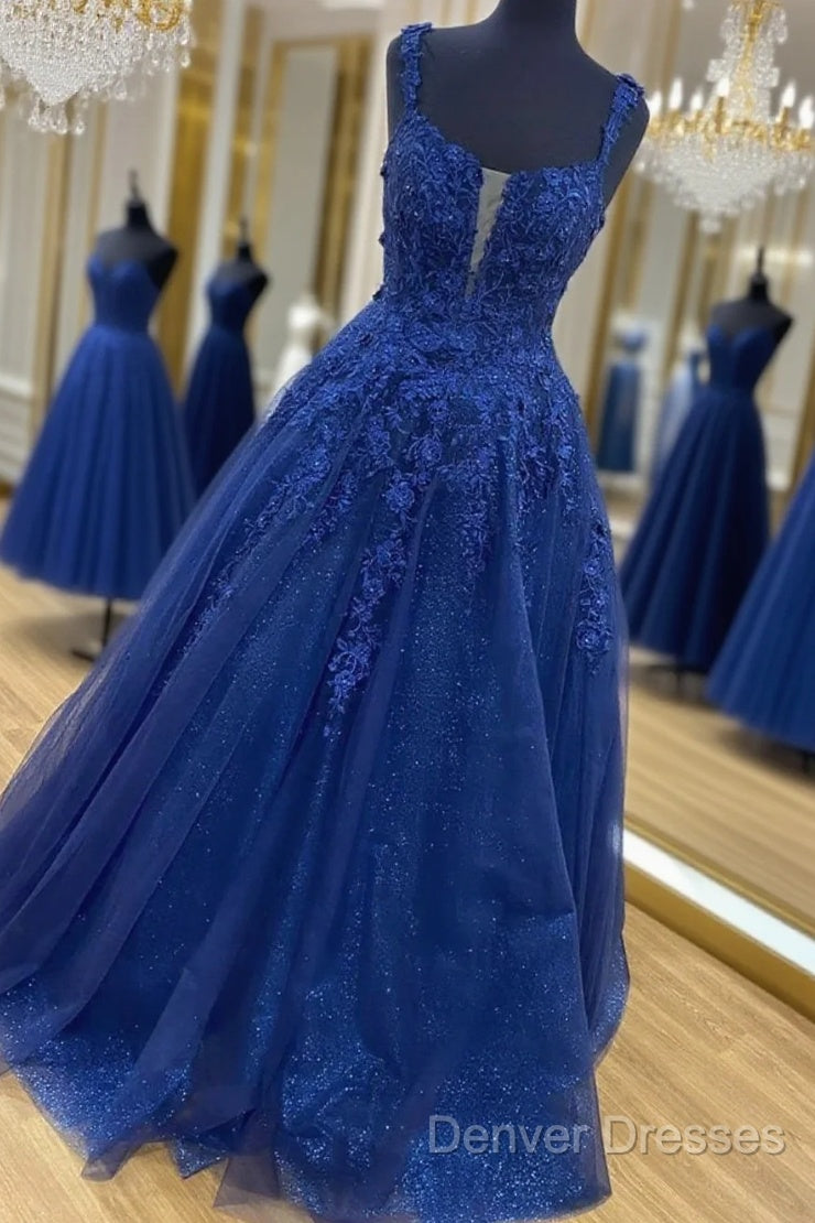 Shiny Navy Blue Lace Prom Dress, Navy Blue Lace Formal Graduation Dress Main image