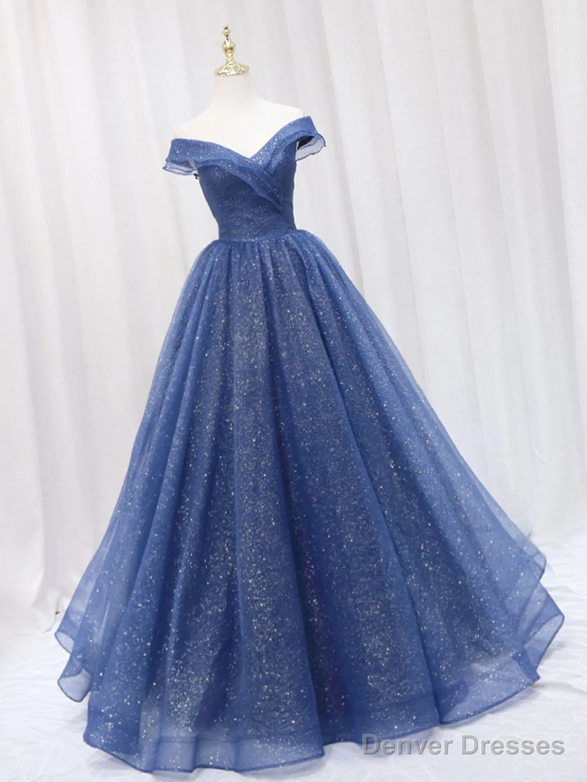 Shiny Off Shoulder Navy Blue Tulle Long Prom Dresses, Navy Blue Formal Graduation Evening Dresses Main image