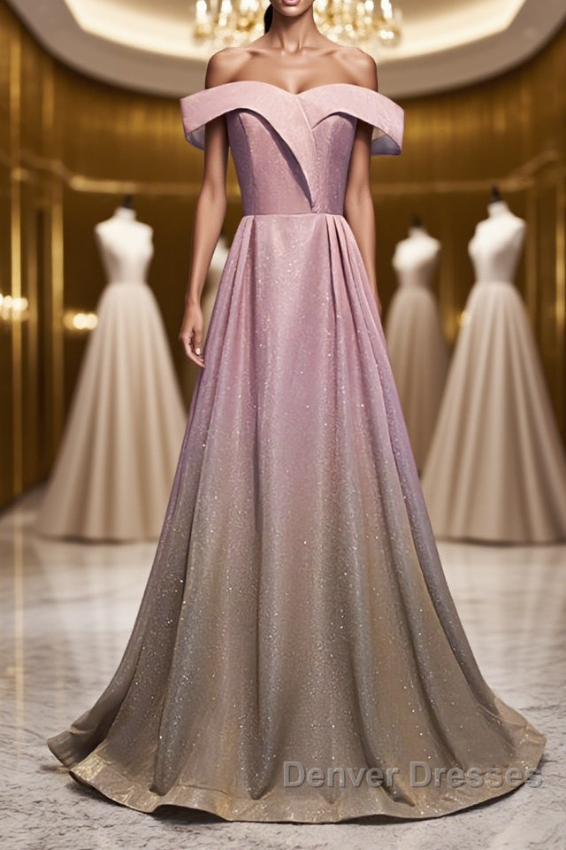Shiny Off Shoulder Pink Ombre Prom Dress, Pink Ombre Formal Graduation Evening Dress Main image