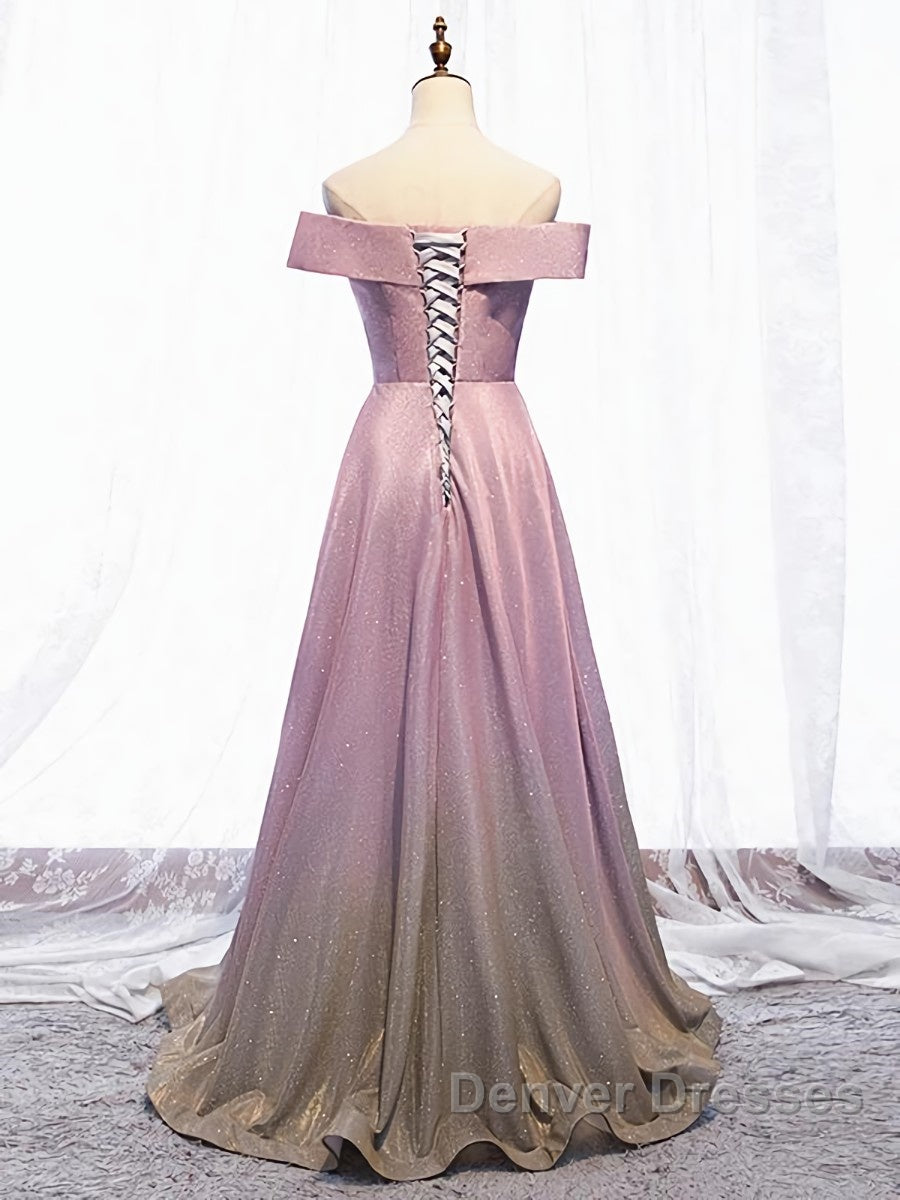 Shiny Off Shoulder Pink Ombre Prom Dress, Pink Ombre Formal Graduation Evening Dress