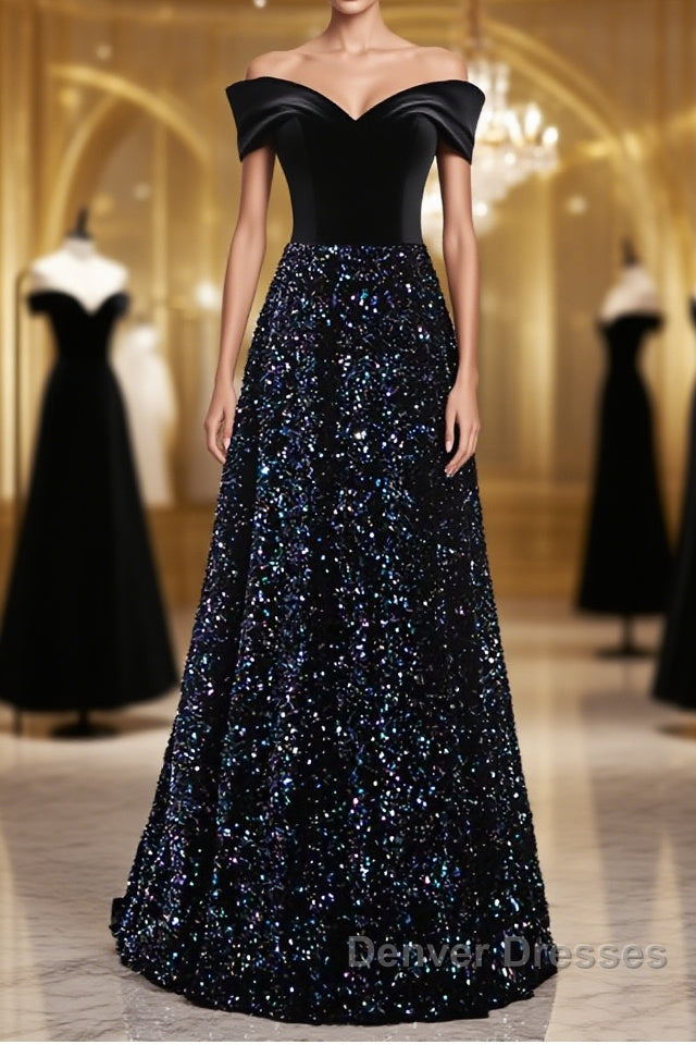 Shiny Off the Shoulder Black Prom Dress with Corset Back, Shiny Black Long Formal Evening Dress Main image