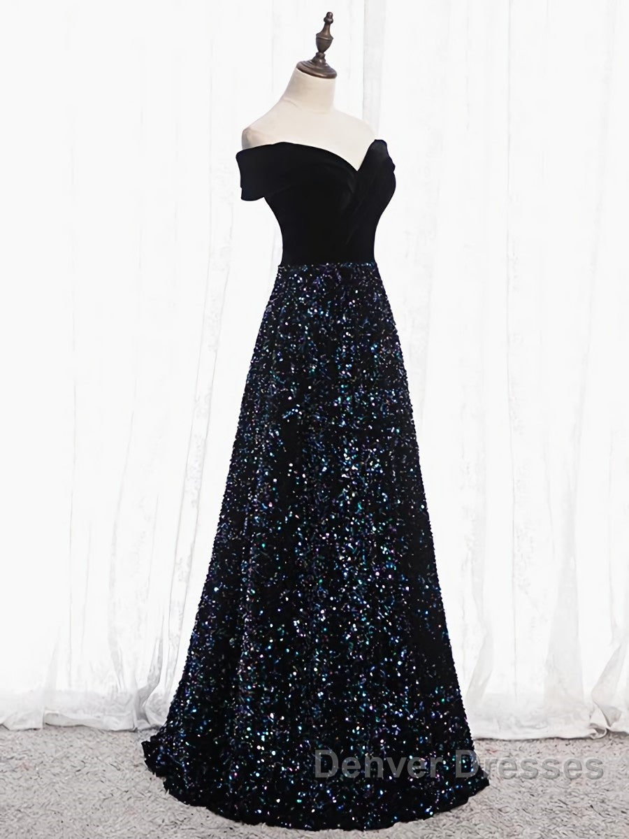 Shiny Off the Shoulder Black Prom Dress with Corset Back, Shiny Black Long Formal Evening Dress Secondary image