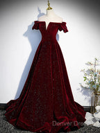 Shiny Off The Shoulder Burgundy Long Prom Dress