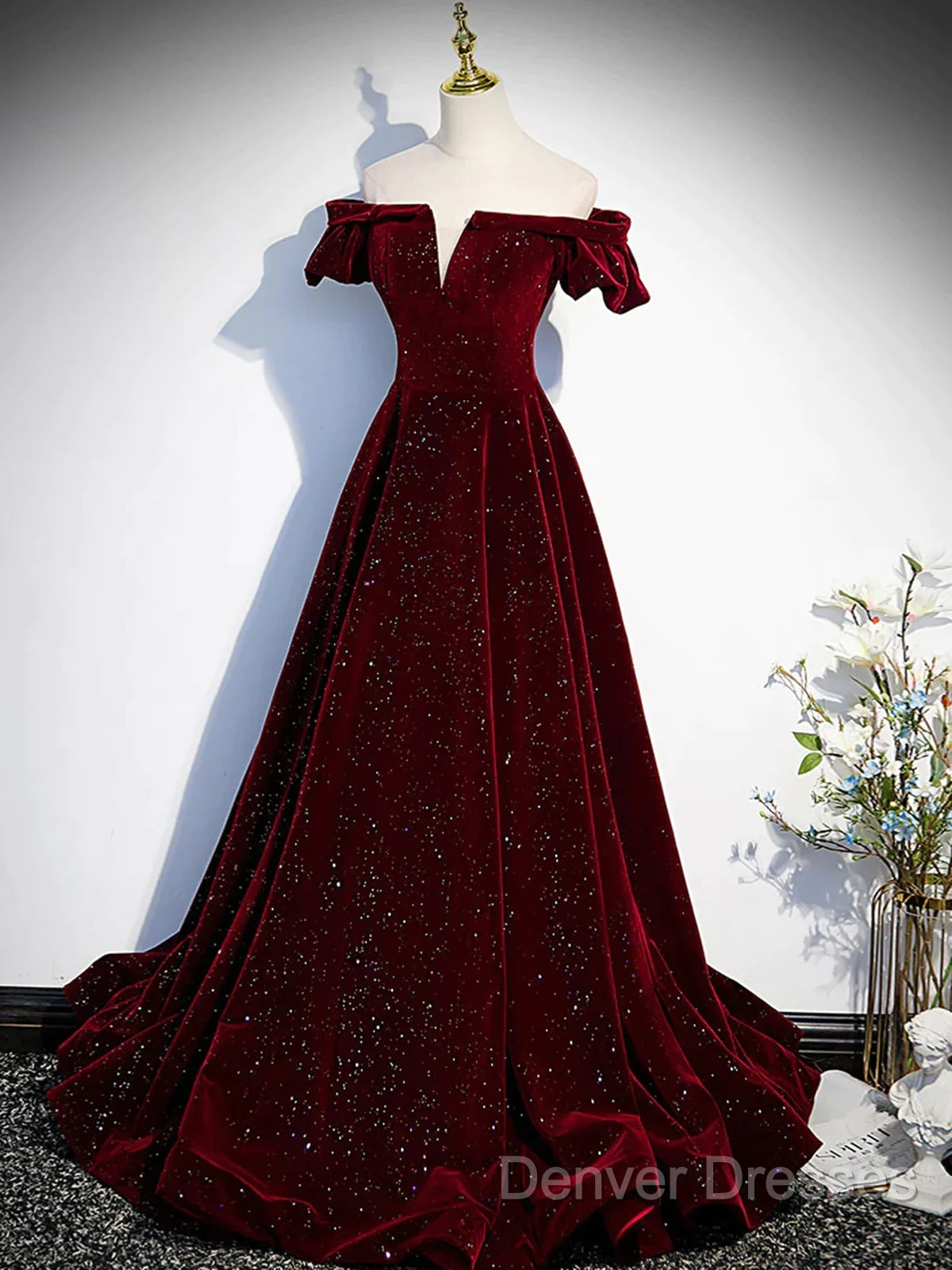 Shiny Off The Shoulder Burgundy Long Prom Dress