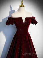 Shiny Off The Shoulder Burgundy Long Prom Dress