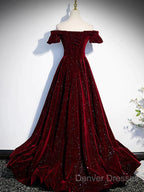 Shiny Off The Shoulder Burgundy Long Prom Dress