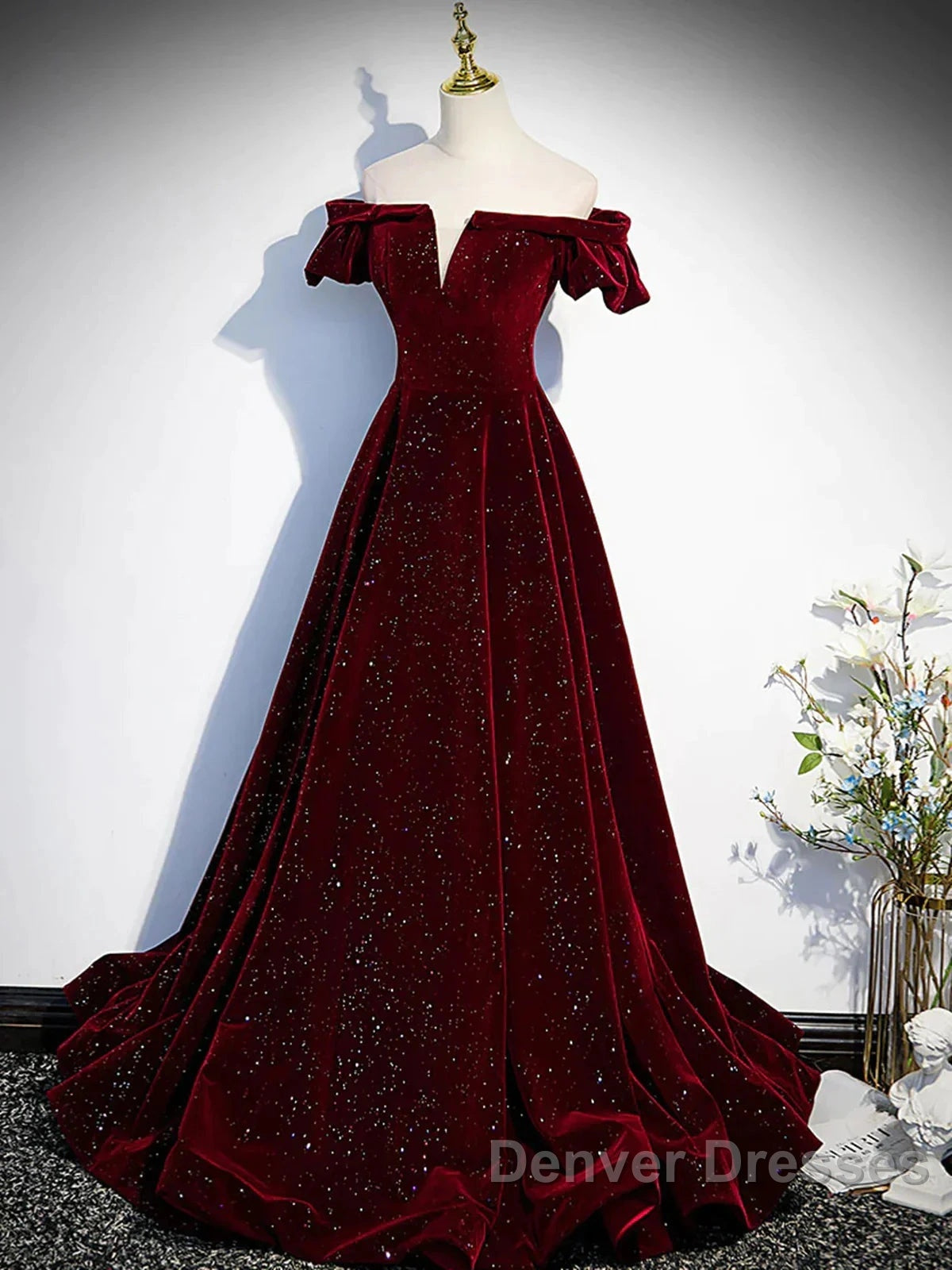 Shiny Off The Shoulder Burgundy Long Prom Dress, Wine Red Long Formal Evening Dress Secondary image