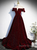 Shiny Off The Shoulder Burgundy Long Prom Dress, Wine Red Long Formal Evening Dress