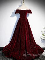 Shiny Off The Shoulder Burgundy Long Prom Dress, Wine Red Long Formal Evening Dress