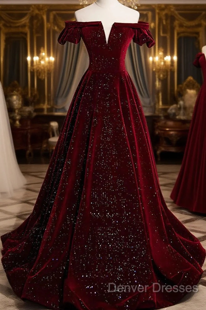 Shiny Off The Shoulder Burgundy Long Prom Dress