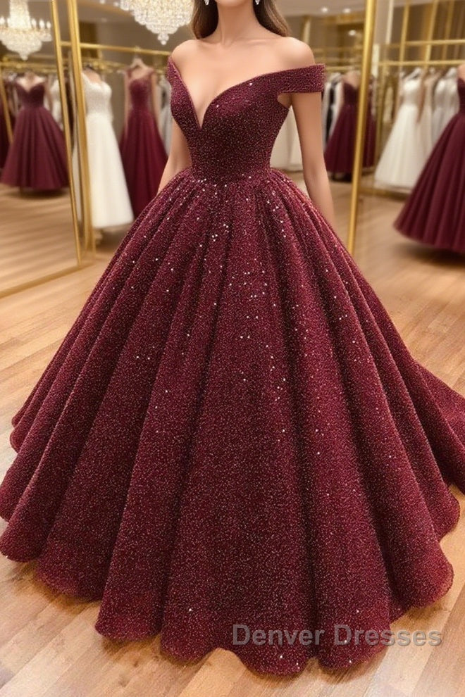 Shiny Off the Shoulder Burgundy Prom Dress, Dark Wine Red Off Shoulder Long Formal Evening Dress Main image