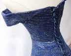 Shiny Off the Shoulder Navy Blue Long Prom Dress, Off Shoulder Blue Formal Evening Dress