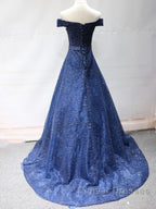 Shiny Off the Shoulder Navy Blue Long Prom Dress, Off Shoulder Blue Formal Evening Dress