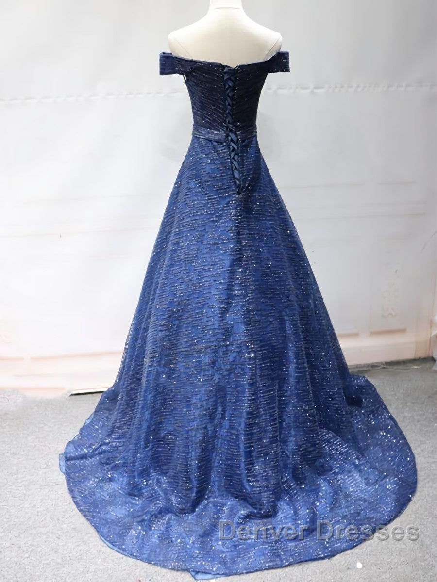Shiny Off the Shoulder Navy Blue Long Prom Dress, Off Shoulder Blue Formal Evening Dress