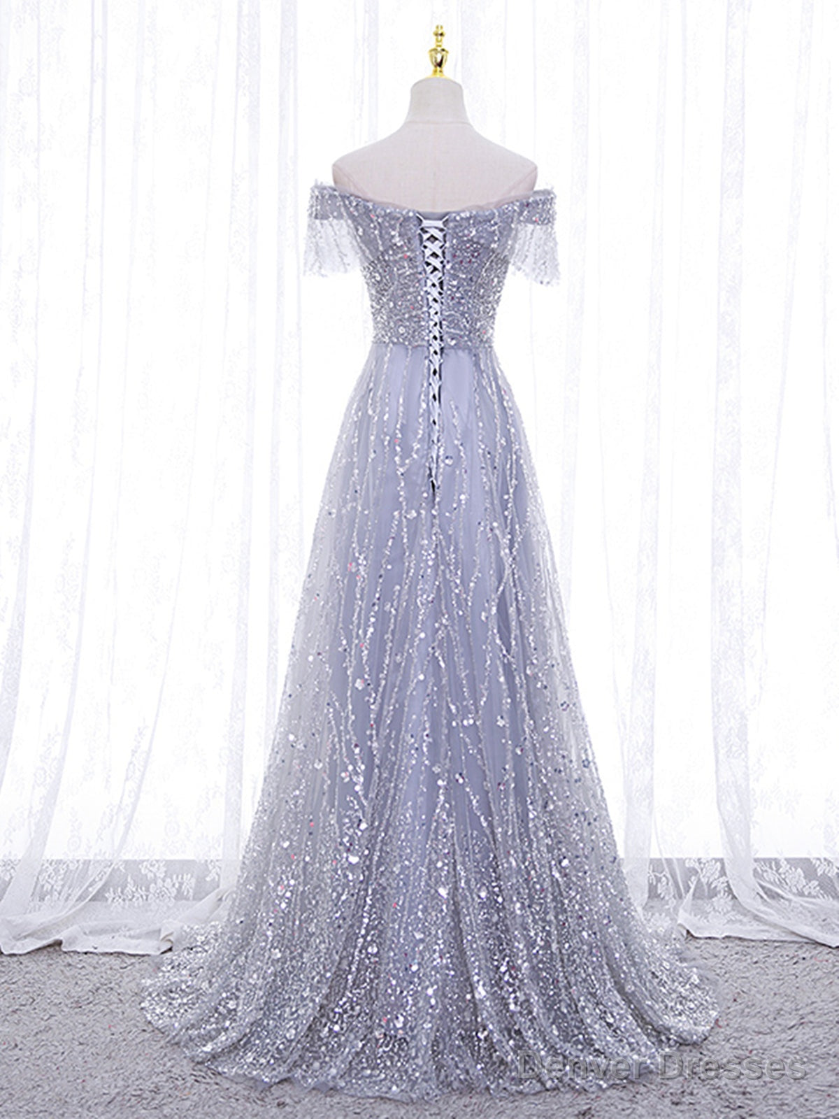 Shiny Off the Shoulder Silver Gray Long Prom Dresses, Silver Gray Long Formal Evening Dresses Main image