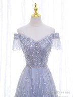 Shiny Off the Shoulder Silver Gray Long Prom Dresses, Silver Gray Long Formal Evening Dresses