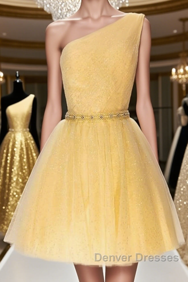 Shiny One Shoulder Yellow Short Prom Homecoming Dress with Belt, Short One Shoulder Yellow Formal Evening Dress Main image