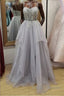 Shiny Open Back Gray Lace Long Prom Dress, Gray Lace Formal Dress, Long Grey Evening Dress