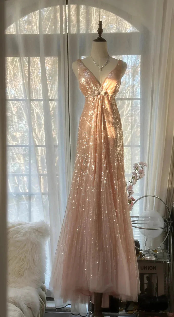 Shiny Princess Pink V-Neck Sequined Backless Mermaid Long Prom Dress