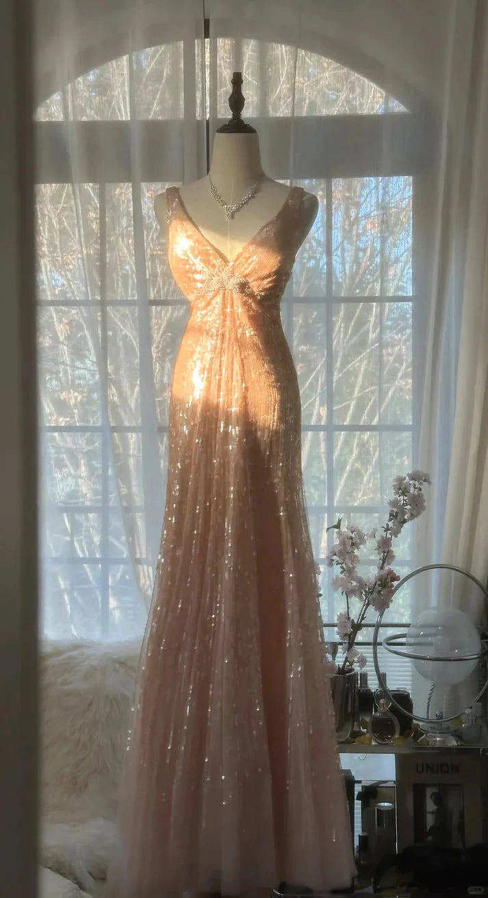 Shiny Princess Pink V-Neck Sequined Backless Mermaid Long Prom Dress