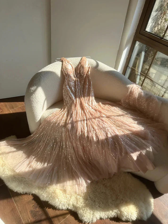 Shiny Princess Pink V-Neck Sequined Backless Mermaid Long Prom Dress