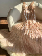 Shiny Princess Pink V-Neck Sequined Backless Mermaid Long Prom Dress