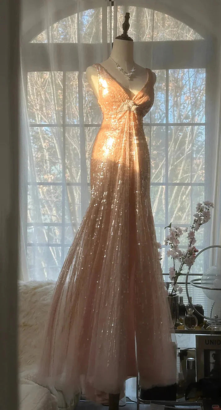 Shiny Princess Pink V-Neck Sequined Backless Mermaid Long Prom Dress