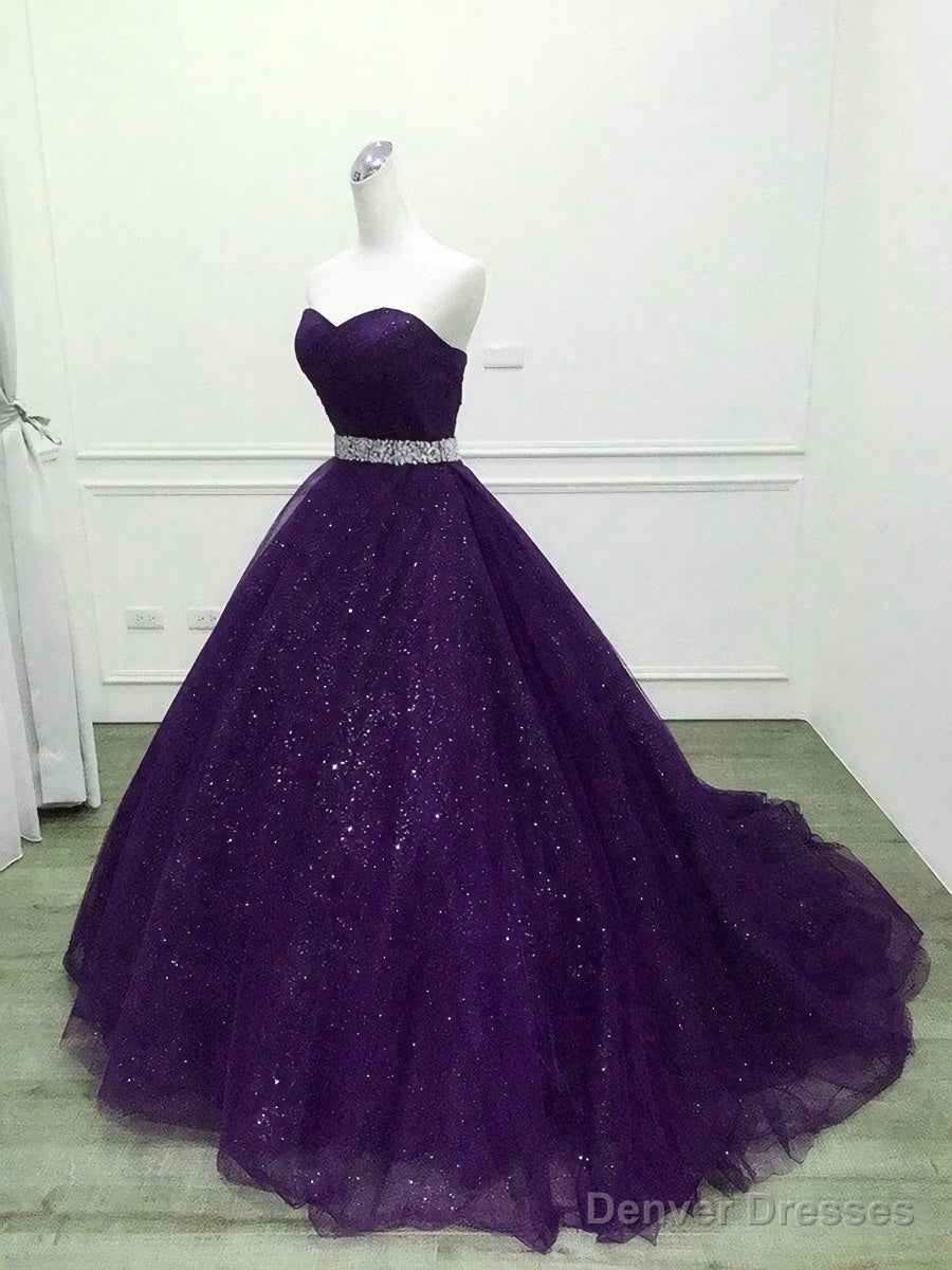 Shiny Purple Tulle Beaded Ball Gonw Party Dress, Purple Prom Dresses Main image
