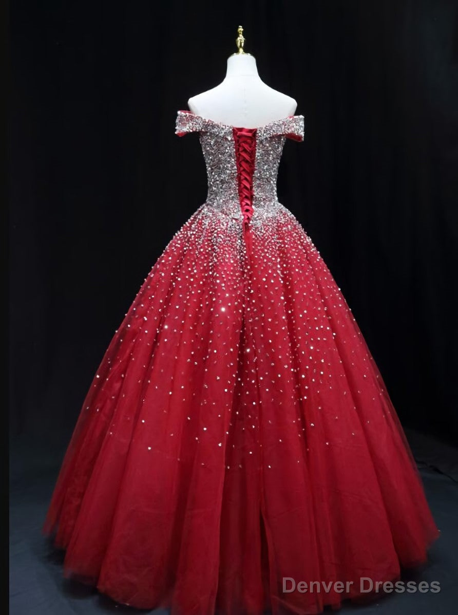 Shiny Red Sequins Pretty Long Formal Dress, Dark Red Sweet 16 Dresses
