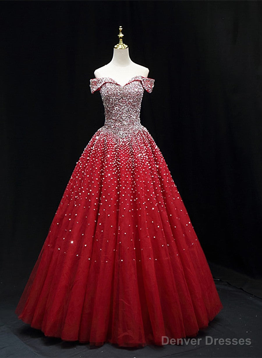 Shiny Red Sequins Pretty Long Formal Dress, Dark Red Sweet 16 Dresses