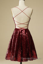 Shiny Sequins Backless Burgundy Short Prom Dress, Backless Burgundy Homecoming Dress, Burgundy Formal Evening Dress