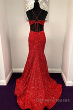 Shiny Sequins Backless Mermaid Red Long Prom Dress, Mermaid Red Formal Dress, Backless Red Evening Dress