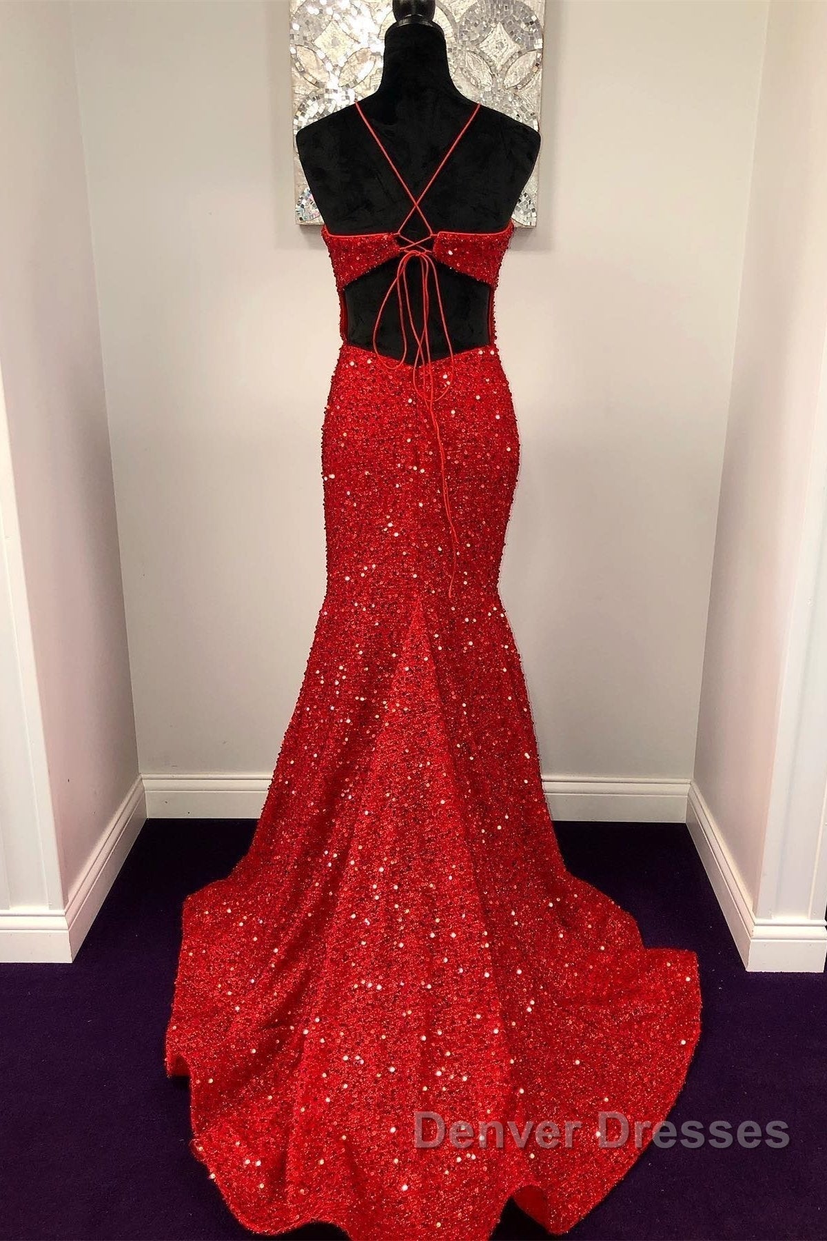 Shiny Sequins Backless Mermaid Red Long Prom Dress, Mermaid Red Formal Dress, Backless Red Evening Dress