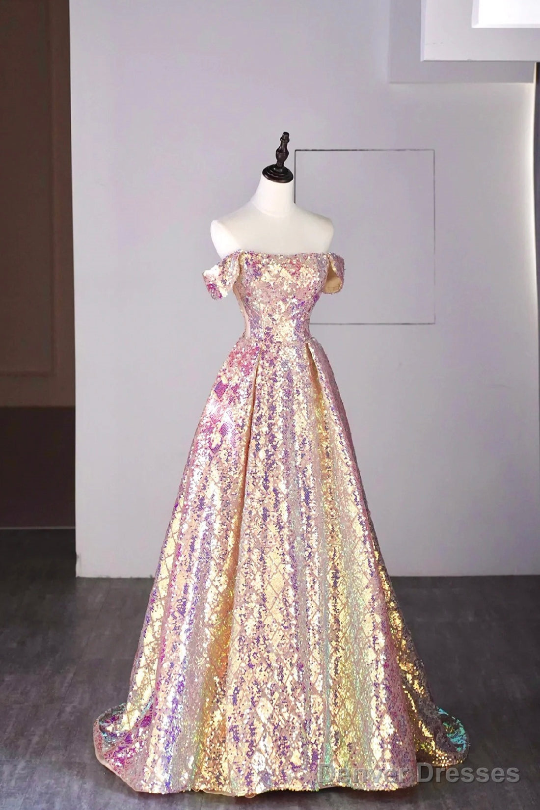 Shiny Sequins Floor Length Prom Dress, Off The Shoulder Evening Party Dress Secondary image