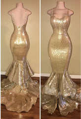Shiny Sequins Mermaid Spaghettis-Straps Layers-Train Gold Prom Dresses