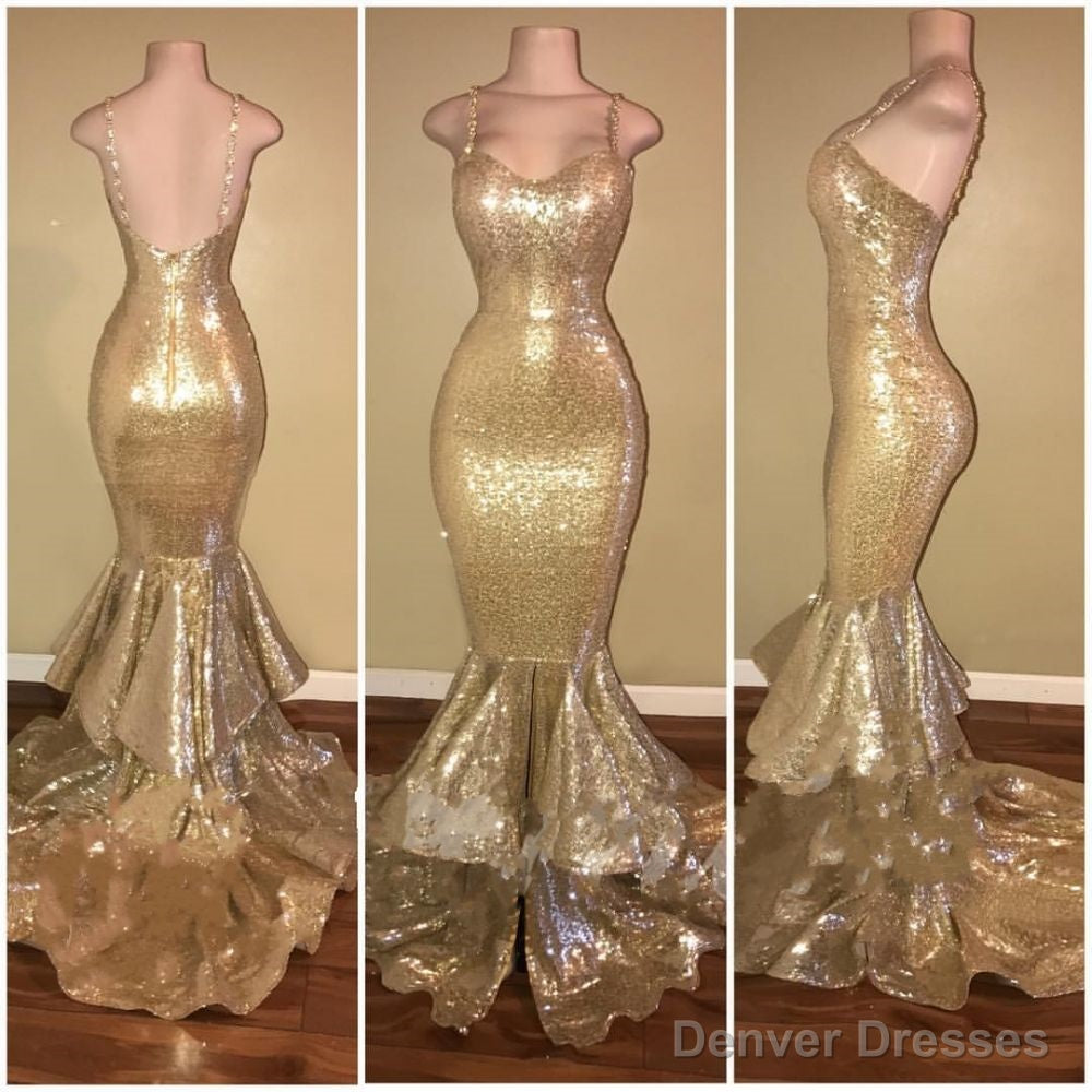 Shiny Sequins Mermaid Spaghettis-Straps Layers-Train Gold Prom Dresses