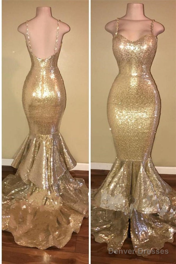 Shiny Sequins Mermaid Spaghettis-Straps Layers-Train Gold Prom Dresses Main image