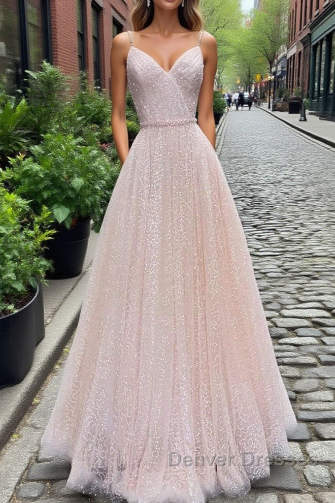 Shiny Sequins V Neck Pink Long Prom Dress, V Neck Pink Formal Graduation Evening Dress Main image