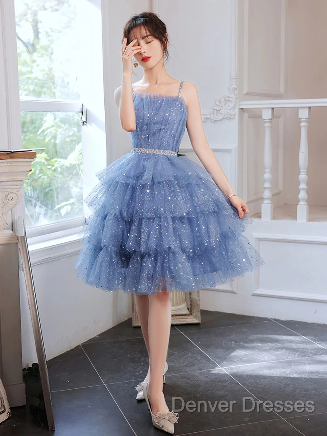 Shiny Short Puffy Blue Prom Dress A-Line Puffy Homecoming Dress