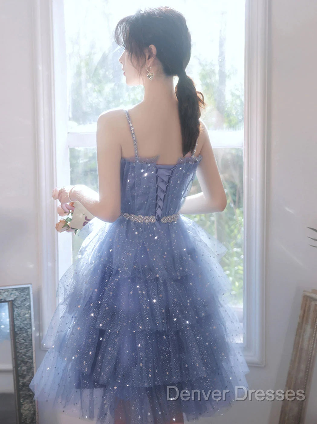 Shiny Short Puffy Blue Prom Dress A-Line Puffy Homecoming Dress