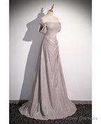 Shiny Silver Simple Long Pleats Prom Dress with Off Shoulder Straps