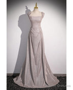 Shiny Silver Simple Long Pleats Prom Dress with Off Shoulder Straps