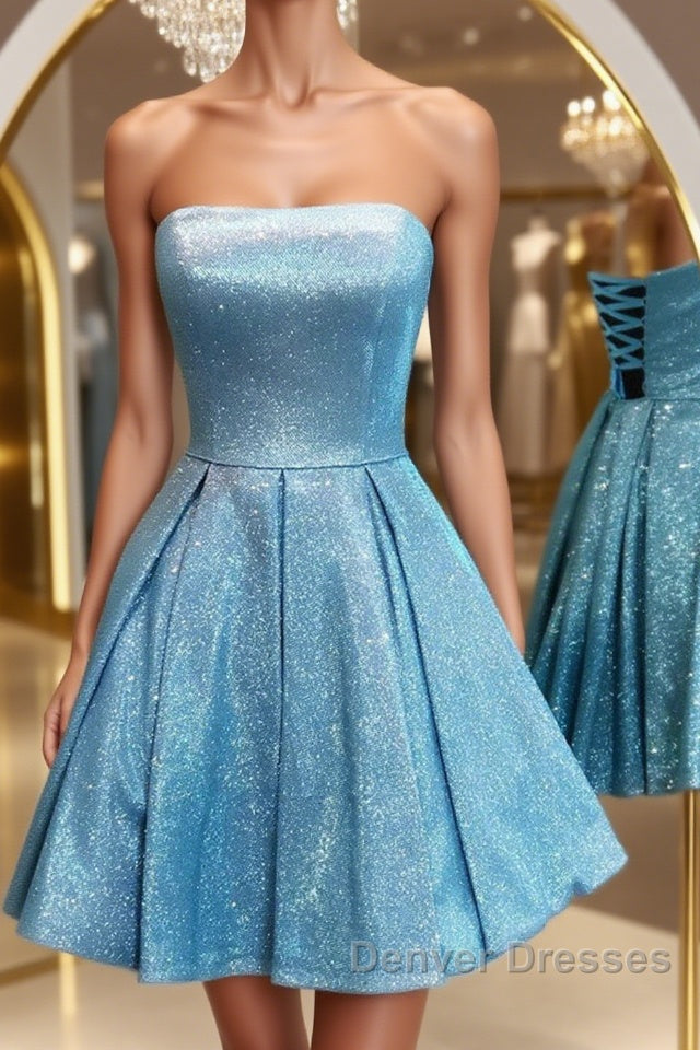 Shiny Strapless Blue Short Prom Dress, Open Back Blue Homecoming Dress, Blue Formal Evening Dress Main image