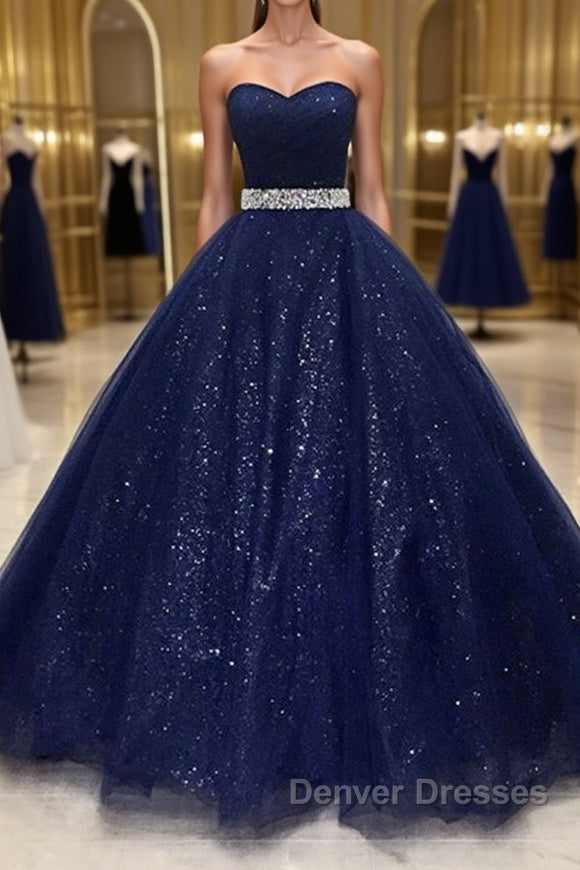 Shiny Strapless Dark Blue Long Prom Dress, Dark Blue Long Formal Evening Gown Main image
