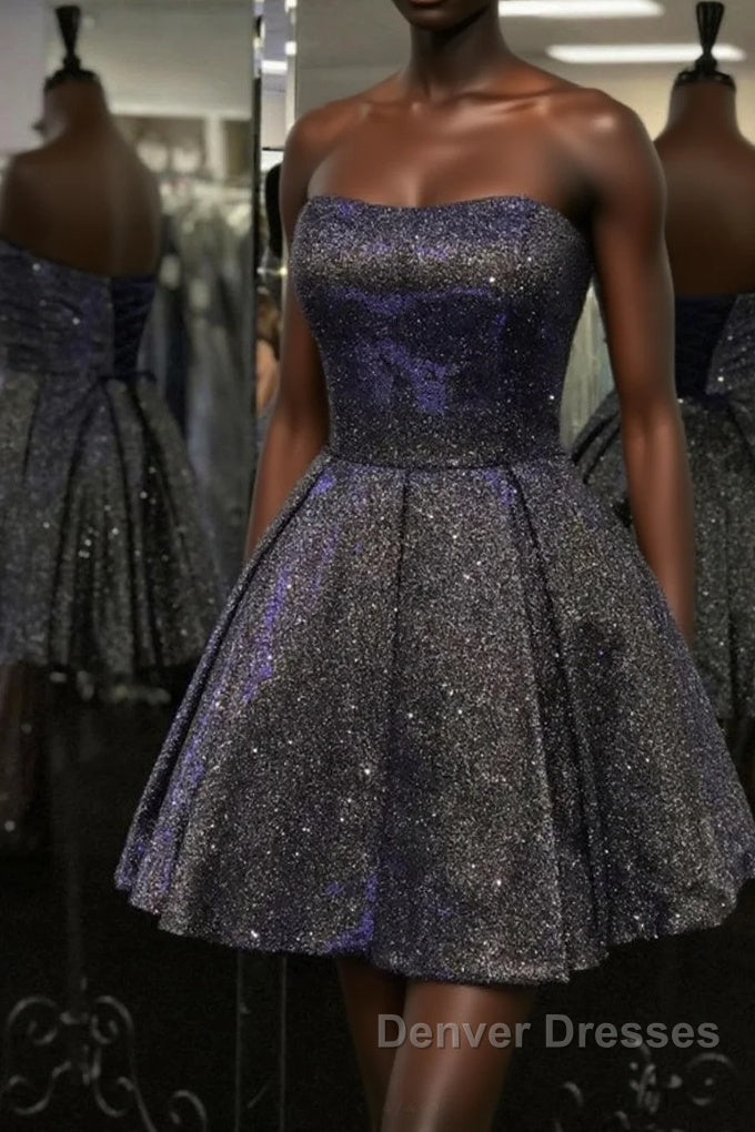 Shiny Strapless Open Back Short Black Prom Dress, Open Back Black Homecoming Dress, Black Formal Evening Dress Main image