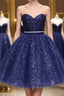 Shiny Strapless Sweetheart Neck Blue Short Prom Homecoming Dress with Belt, Sparkly Blue Formal Evening Dress
