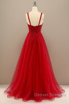 Shiny Sweetheart Neck Red Tulle Beaded Long Prom Dress, Open Back Red Tulle Formal Graduation Evening Dress